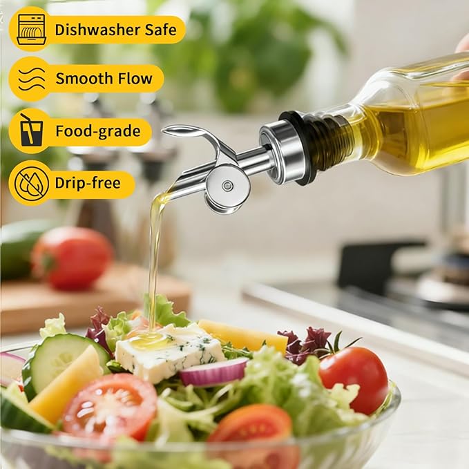 6 Pcs Auto Flip Liquor & Oil Pour Spout, 304 Stainless Steel Dispenser Spout for Olive Oil, Alcohol, Wine, Vinegar, Home & Bar Essential Tools, Silver