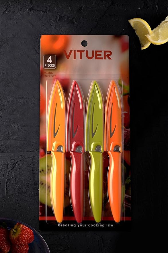 VITUER Paring knife, 4PCS Paring knives (4 Knives and 4 Knife cover), 4 Inch Peeling Fruit and Vegetable Knife, Ultra Sharp Kitchen Knives, German Steel, PP Plastic Handle