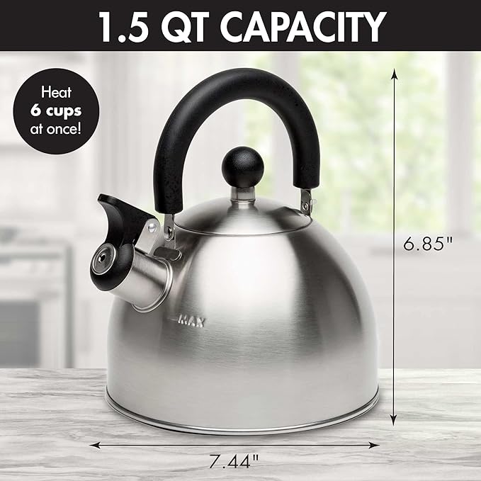Primula Stewart Whistling Stovetop Tea Kettle Food Grade Stainless Steel, Hot Water Fast to Boil, Cool Touch Folding, 1.5-Quart, Brushed with Black Handle (Pack of 4)
