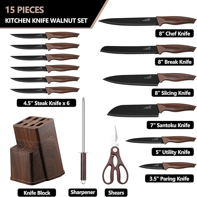 E-far Knife Set with Block, 15 Pieces Kitchen Knife Block Set with Sharpener, High Carbon Stainless Steel Sharp Chef Knife Set with Ergonomic Handles, Anti Rust, Walnut
