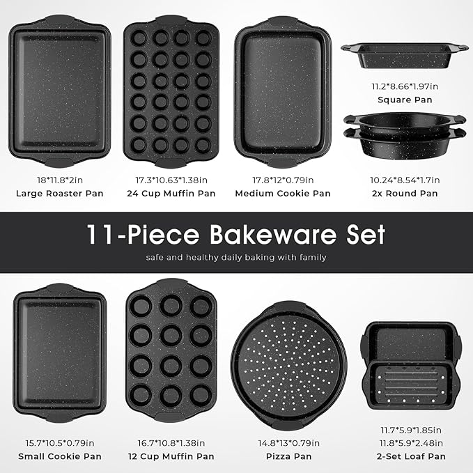11-Piece Nonstick Baking Pan Set, Stackable Bakeware Sets, Oven Pans for Baking with Silicone Handles, Includes Cookie Sheet, Cake Pans, Loaf Pan, Pizza Pan, Muffin Pan, Black