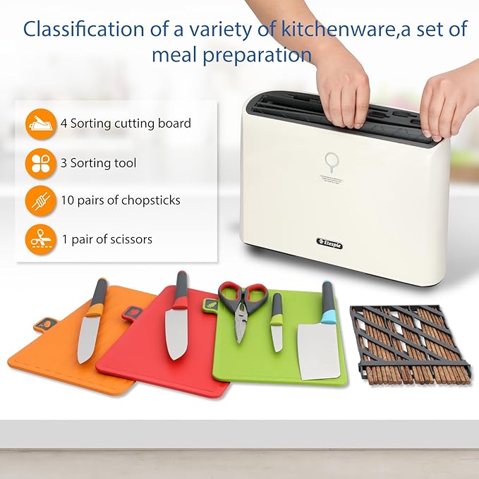 Smart Cutting Board and Knife Set,Self Cleaning Cutting Board and Knife Set with 4 Stainless Steel Knives,3 Color Coded Cutting Boards,10 Pairs of Chopsticks and 1 Pair of Scissors
