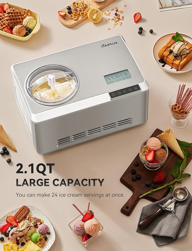 COUPLUX Ice Cream Maker, Fastest Freezing 2.1QT Ice Cream Machine with Built-in Compressor Easy Operate & Clean Automatic Ice Cream Maker Machine All Stainless Steel, LCD Display