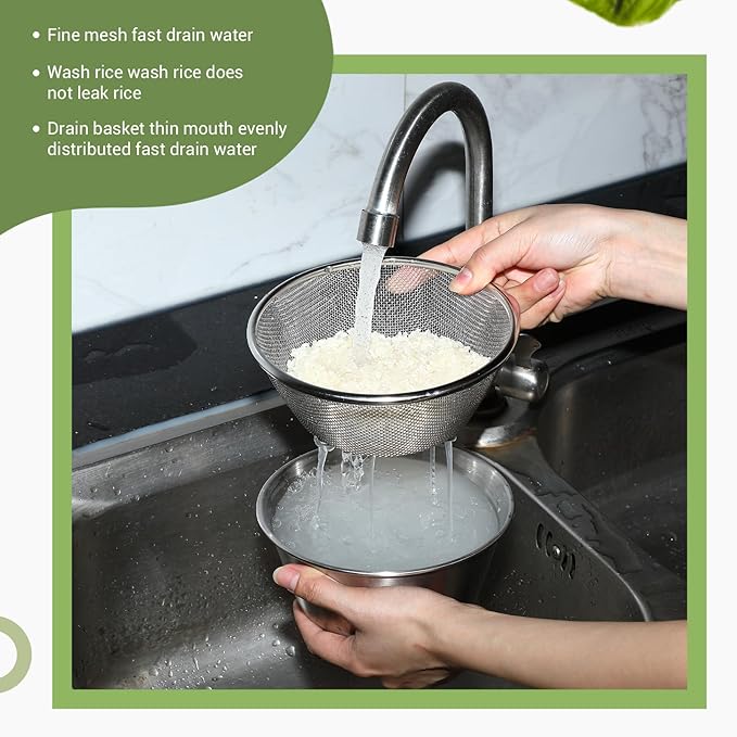 Baderke 2 Pcs Mini Colander & Food Strainer 304 Stainless Steel Small Mixing Colanders Bowl Rice Strainer for Kitchen Cooking Fruit Washing Vegetable(6.3 x 2.76 Inches,Silvery)