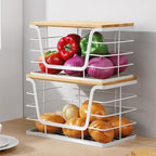 ALOCEO 2 Pack Potato and Onion Storage Bins, Large Trash Bag Holder Under Sink with Bamboo Top, Stainless Steel Pantry Organizers Storage, Kitchen Counter, White