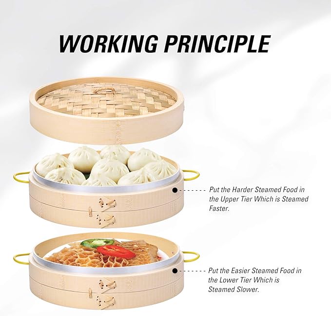 MacaRio Bamboo Steamer Basket Set 10 inch Steamer for Cooking, with Side Handles, Ring Adapter, Paper Liners, for Dim Sum Dumplings Buns Seafoods Vegetables Rice Asian Foods