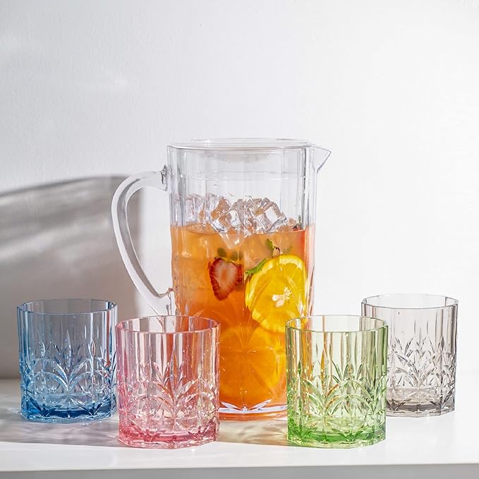 BELLAFORTE Shatterproof Tritan Plastic Short Tumbler, Set of 4, 13oz - Myrtle Beach Unbreakable Crystal Cut Old Fashioned Drinking Glasses for Whiskey - BPA Free - Dishwasher Safe - Pink