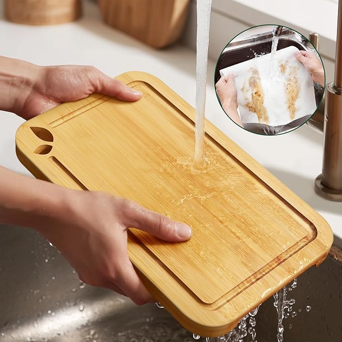 Bamboo Cutting Boards for Kitchen with Holder & Silicone Mat, Lightweight & Knife-Friendly Wood Cutting Board Set with Side Handles and Juice Grooves, Natural