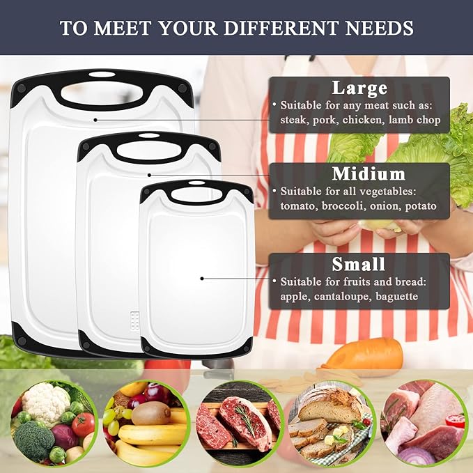 Plastic Cutting Board, 3 Pieces Dishwasher Safe Cutting Boards with Juice Grooves, Easy Grip Handle, Non-Slip, with Grinding Area for Grinding Garlic and Ginger（White）