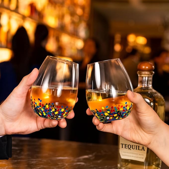 Large Stemless Wine Glasses – Set of 2-14oz Luxury Hand Blown Confetti Margaritas, Martini, Cocktails, Water, Wine, Dessert & Champagne Glasses Cinco de Mayo, Hand Blown - Mexican Confetti Glass