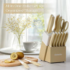Astercook Kitchen Knife Set with Block and Sharpener 15 Piece Knives Set German High Carbon Stainless Steel Knives Sharp Blade Dishwasher Safe Deba Knives with Ergonomic Handle