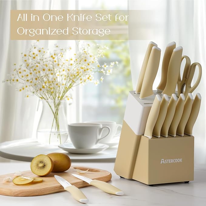 Astercook Kitchen Knife Set with Block and Sharpener 15 Piece Knives Set German High Carbon Stainless Steel Knives Sharp Blade Dishwasher Safe Deba Knives with Ergonomic Handle