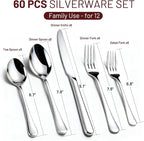 KIKCOIN 60 Pack Silverware Set for 12, Heavy Duty Stainless Steel Flatware Set, Mirror Polished Cutlery Utensils Set Includes Forks and Spoons Set for Home Kitchen Restaurant Wedding