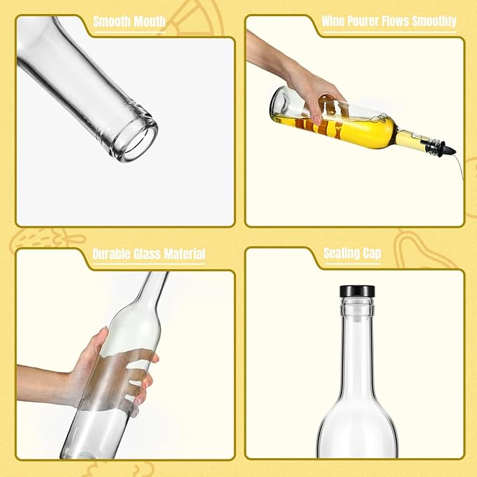 Baderke 6 Pack Glass Long Neck Bottles with Pourer and Caps Clear Glass Wine Syrup Bottle with Spout for Liquor Juice Home Party Bar Kitchen Accessories(Plastic)