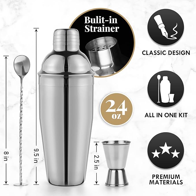 Premium Mixology Cocktail Shaker Set | 4 Piece Bar Tool Set, Silver Bar Set Cocktail Shaker Set for Drink Mixing - Includes Martini Shaker, Jigger, Bar Mixer Spoon + Free Cocktail Recipes | Gift Idea