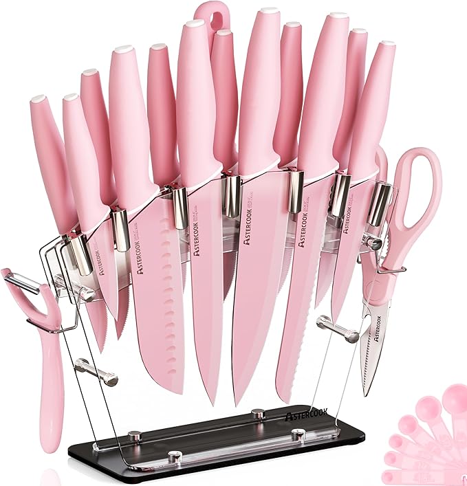 Astercook Knife Set with Block and Sharpener, 22 Piece Kitchen Knife Set Dishwasher Safe, Space-Saving Clear Knife Block with Knives for Everyday Home Cooking Pink