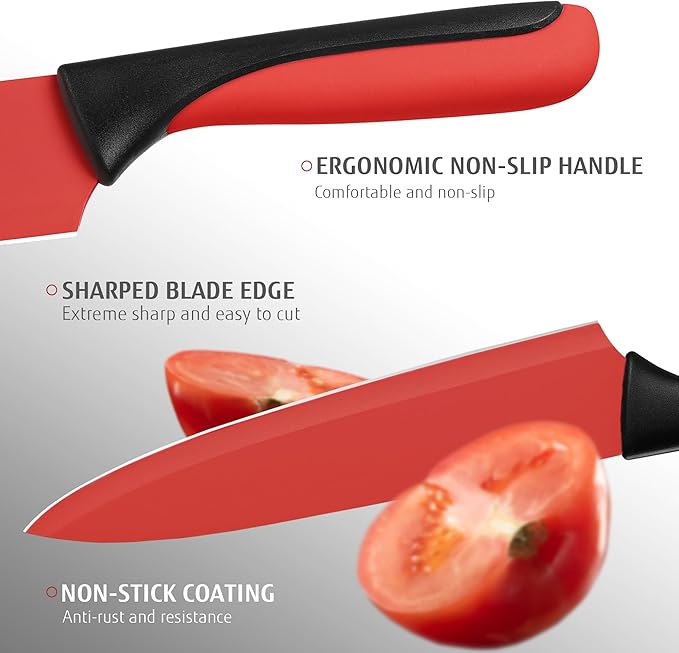 hecef 15 Pieces Kitchen Knife Set with Built-in Sharpening Wooden Block, Dishwasher Safe, High Carbon Stainless Steel Knife Block Set with Steak Knives, Kitchen Scissors (Red)