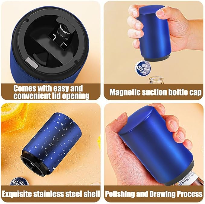 Destapador De Cerveza Automatic Beer Bottle Opener with Magnetic Cap Bottle Opener, Stainless Steel One Handed Lid Opening Spring Loaded Push&Pop Bottle Opener for Kitchen Home Bar Gift（Blue）