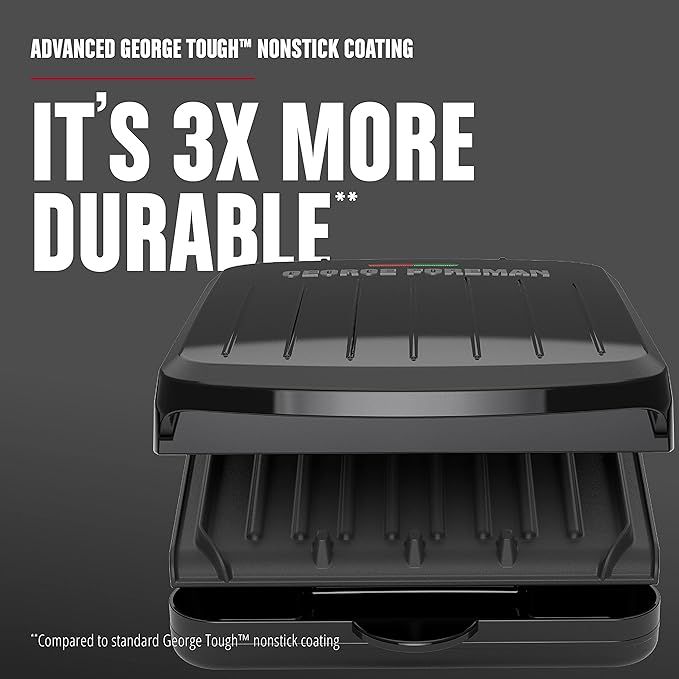 George Foreman Compact 2-Serving Electric Indoor Grill and Panini Press for 1–2 People, Classic Plates, Black