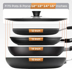 LSR Loreso Universal Pan Lid for Pots Pans and Skillets 12-15 Inch - Tempered Glass Pot Lid with Auto-Sizing Silicone Rim - Black