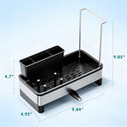 304 Stainless Steel Sink Caddy with Auto-Drain, Kitchen Sink Organizer Sponge Holder with Towel Rack & Removable Brush Holders, Countertop Storage for Soap Dispenser, Dishcloth, Kitchen Accessories