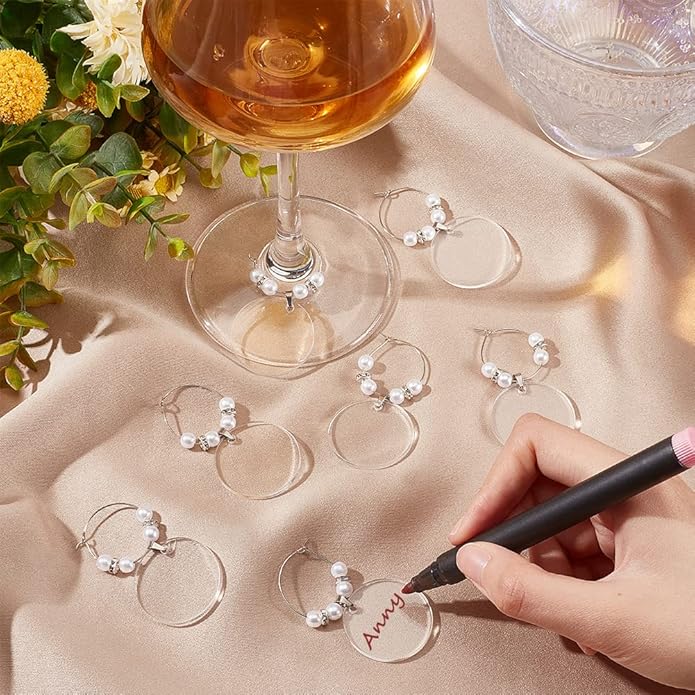 BENECREAT 20pcs Acrylic Blank Wine Glass Charms, Heart/Flat Round Charms for Birthday Holiday Wedding Party