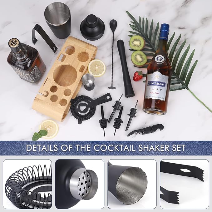 JNWINOG 12Pcs-Cocktail Shaker Set Stainless Steel Bartending Kit 18.6oz Cocktail Bar Set Cocktail Mix Drink Making Kit Professional Bar and Home Drink Bar Tools for Bartender (Matte Black, 12Pcs)