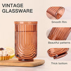 JOVGANK Amber Vintage Glassware Set of 6-17Oz Brown Water Drinking Glass, Art Deco Ripple Highball Glass, Whiskey Cocktail Glasses, for Bar Ice Coffee Juice, Housewarming Gifts and Mother's Day Gift