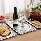 Elegant Dining Hosting Bundle: 4-Pack Vintage Floral Silver Serving Trays (11.4" x 7") & 20-Piece Hammered Silverware Set for 4, Premium Stainless Steel Party Platters and Lava Texture Cutlery Set