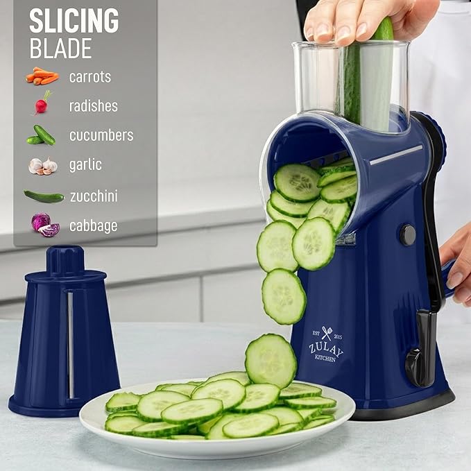 Zulay Kitchen Rotary Cheese Grater 5 Blade Cheese Shredder - Manual Hand Crank Cheese Grater With Reinforced Suction & 5 Interchangeable Drums - Easy to Use, Vegetable Chopper Round Mandoline Slicer
