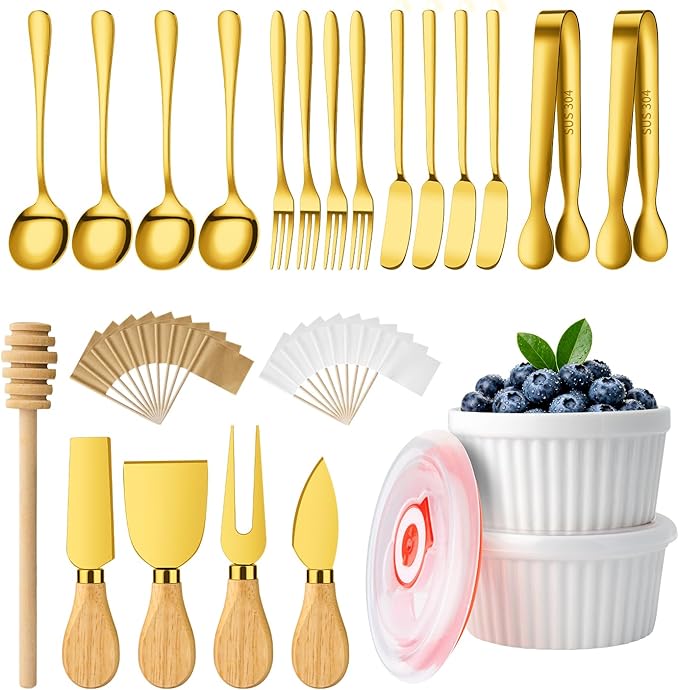 Charcuterie Boards Accessories Bowls Gold, Cheese Butter Spreader Knife Set Mini Serving Tongs, Forks, Spoons,Dipping Bowls with Lids, Toothpick Flags, Honey Dippers For Party Platter Making