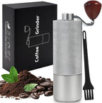 Manual Coffee Grinder Gift Box Non-Detachable Stainless Steel Conical Burr Aluminum Coffee Bean Grinder with 25 Grinding Settings Cleaning Brush Grindable Espresso Moka Pot for Camping Silver
