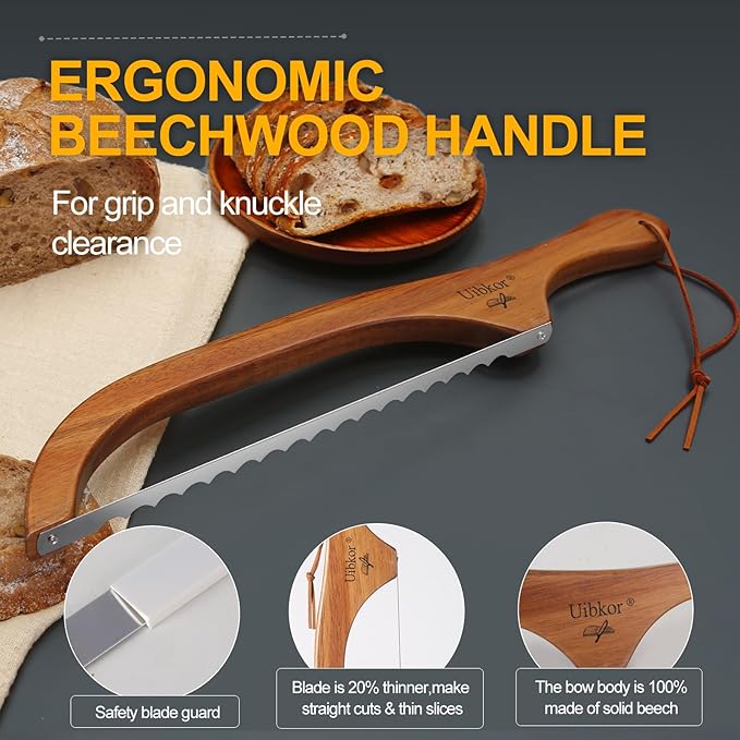Wooden Bread Bow Knife, 16" Serrated Sourdough Cutter, Premium Stainless Steel Serrated Saw Bread Cutter, Bread Slicer, Bagel Slicer Knife for Homemade Bread, Bagels, Baguettes, Rustic Loaves