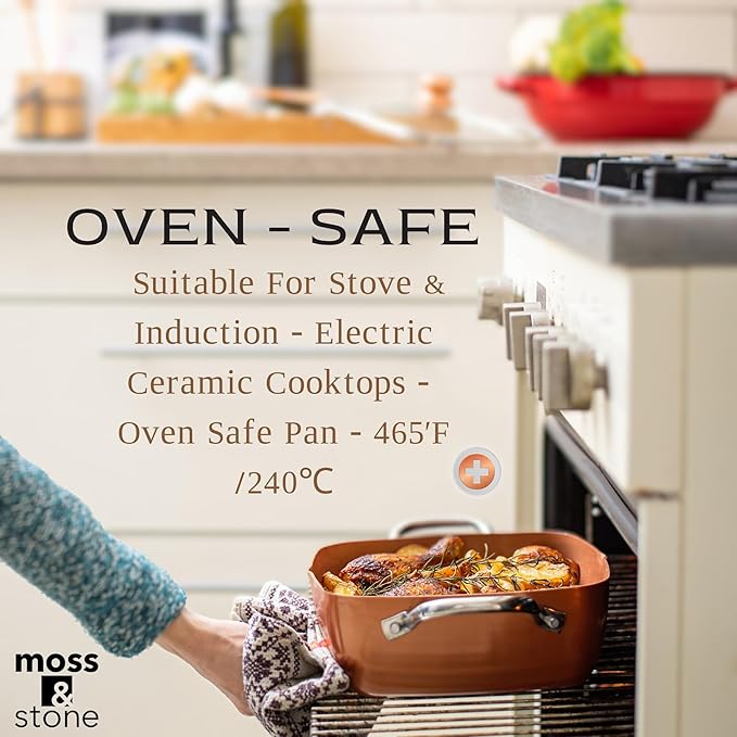 Moss & Stone 7 Pcs Copper Chef Cookware Non Stick Deep Frying Pan 9.5" x 3.5", Fry Basket, Dishwasher & Oven Safe, 5 Qt Deep Square Pot, Non Stick Pan & Round Pot, Induction Copper Cookware Set