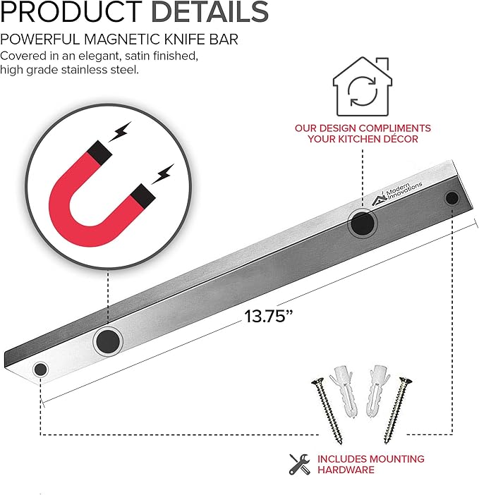 14 Inch Stainless Steel Magnetic Knife Bar - Use as Knife Holder, Knife Rack, Knife Strip, Kitchen Utensil Holder and Tool Holder