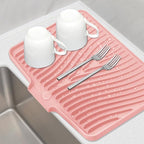 TIKNIK Silicone Dish Drying Mat, Stone Drying Mat for Kitchen Counter with Built-In Drain, Non-Slip Drain Pad with Built-in Drain, Heat Resistant Stone Drying Mat, Hangable, Pink-1pcs, 16" x 12"