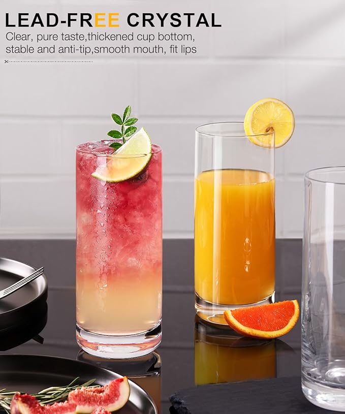 LUNA & MANTHA Highball Glasses Set of 6, 13 OZ Drinking Glasses, Lead-Free Crystal Water Glass, Tall Glass Cups for Cocktail, Tom Collins, Mojito, Mixed Drink, Kitchen and Bar Glassware