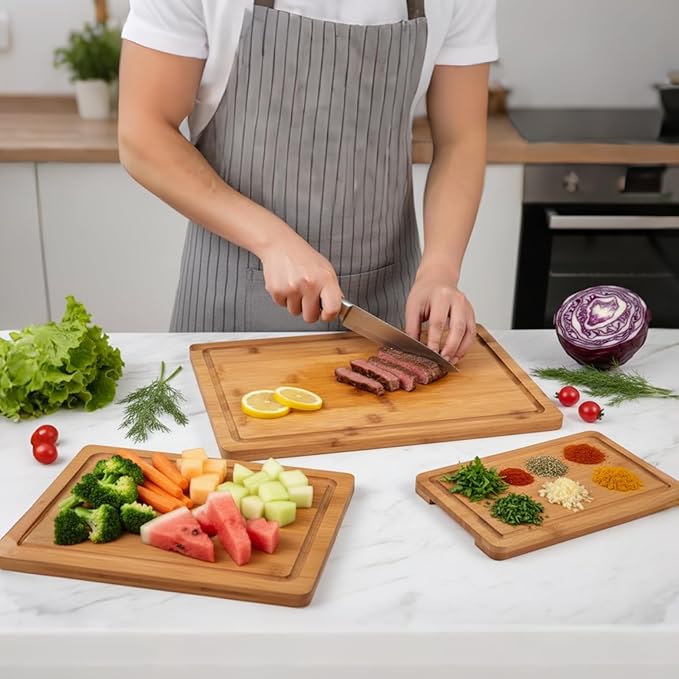 Cutting Board Set with Holder, Space Saving Kitchen Bamboo Chopping Boards, Build in Juice Groove and Grip Handle, Durable Wooden Serving Board for Meal Prep & Charcuterie, Gift Idea