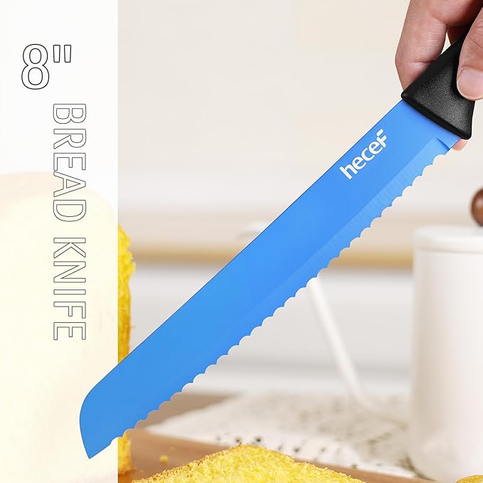 hecef 15 Pieces Kitchen Knife Set with Built-in Sharpening Wooden Block, Dishwasher Safe, High Carbon Stainless Steel Knife Block Set with Steak Knives, Kitchen Scissors (Blue)
