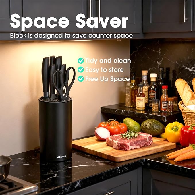 Kitchen Knife Ket with block, Knife Block Set, Anti-Rust High Carbon German Stainless Steel Knife Set, 7 Piece Chef Knife Set, New Home Apartment Essentials, Dishwasher Safe, Black