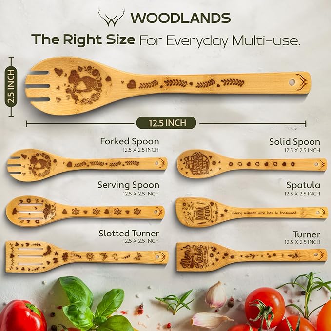 Cooking Gifts For Mom Wooden Spoons for Cooking 6-Piece - Bamboo cooking utensils with Spatulas & Spoons, Wooden Utensils, Heat-Resistant, Eco-Friendly Kitchen Utensils - Christmas Gifts