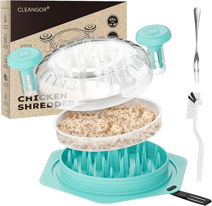 Cleangor Chicken Shredder Tool Twist Large, BPA Free Meat Shredder with Ergonomic Handle, Non-Slip Food Shredder Tool for Pork, Beef, Set of Chicken Breast Shredder with Brush & Fork (1, Mint)