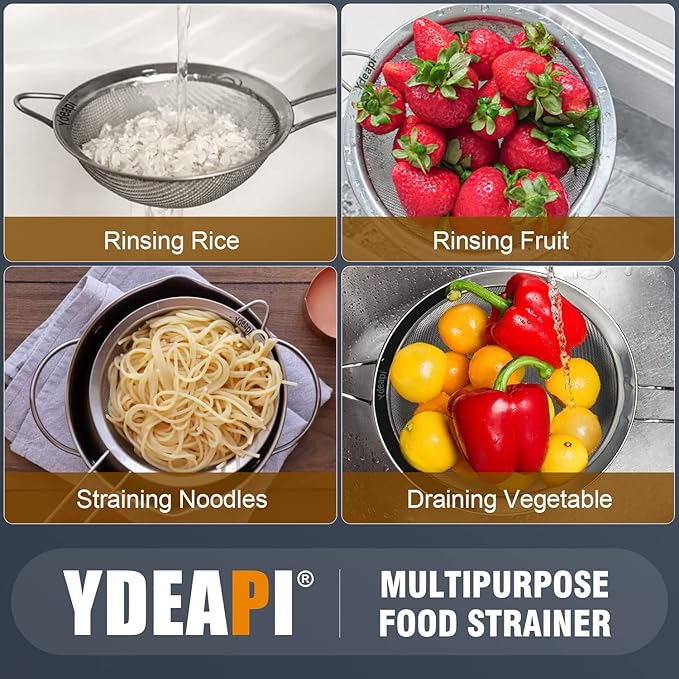 Ydeapi 8.6" Large Fine Mesh Strainer with Handle, Metal Food Strainers for Kitchen, Sieve Fine Mesh Stainless Steel for Rice, Quinoa, Pasta, Noodles