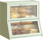 GHWIE Double Layer Bamboo Bread Box for Kitchen Counter,Large Capacity Bread Storage Bin,Bread Container with Acrylic Wavy Door Panel (Light Green, Extra Large)