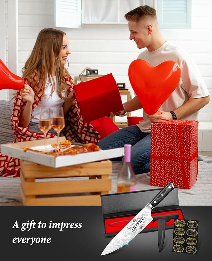 MOSFiATA Gifts for Men Women Christmas, 8" Sharp Kitchen Knife Set with Sheath Professional German EN1.4116 Stainless Steel, Chef Gifts for Best Dad Mom Birthday, Anniversary Xmas Gift Box-I Love You
