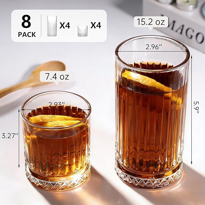 Ruckae Drinking Glasses Set of 8,15 oz and 7 oz Kitchen Water Glass Cups Set,Clear Ribbed Glassware Dishwasher Safe,Mixed Drinkware for Beer,Juice,Cocktail,Whiskey,Milk and Various Mixed Drinks