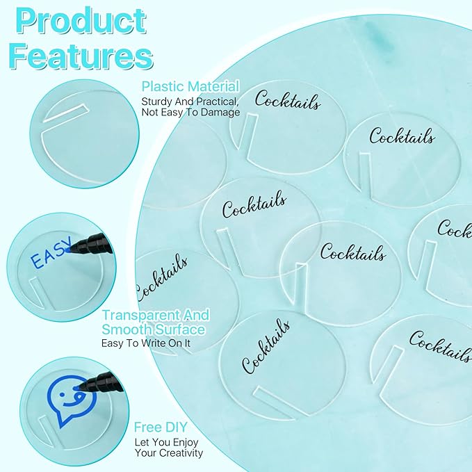 120 Pcs Acrylic Disc Drink Tags, Circle Cocktail Drinking Tags Blank, DIY Wine Drink Names with 4 Highlighters for Bar, Party, Wedding, Birthday (1.5'', Round)