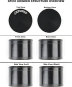 2" Grinder, Screen-Free, 3-Piece 4-Part Design, Zinc Alloy Grinder for Kitchen Spice, Black