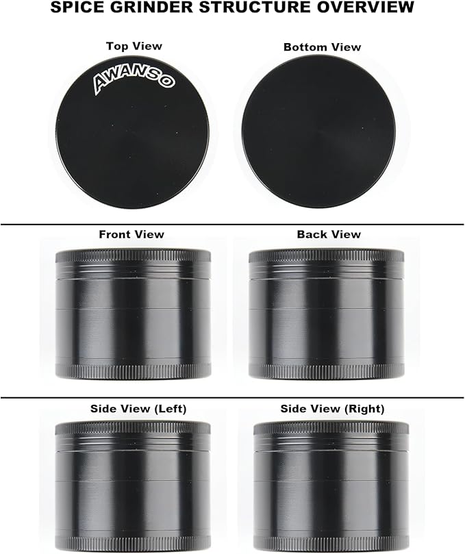 2" Grinder, Screen-Free, 3-Piece 4-Part Design, Zinc Alloy Grinder for Kitchen Spice, Black