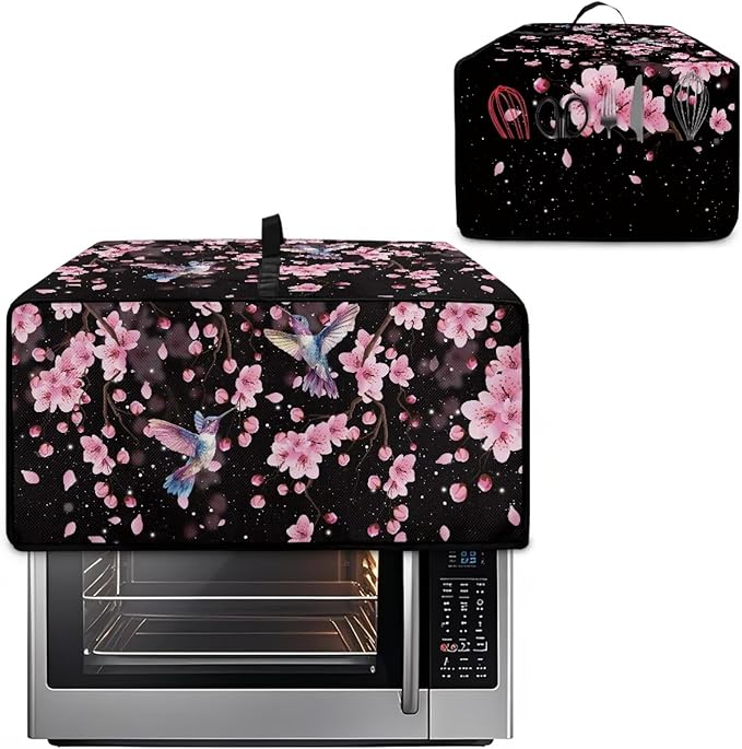 Hummingbird Cherry Blossom Print Toaster Oven Cover, Heat-Resistant Toaster Cover Dust-Proof Microwave Oven Protector, Protections for Kitchen, Black, (Small-14.5*18.46*9 inches)